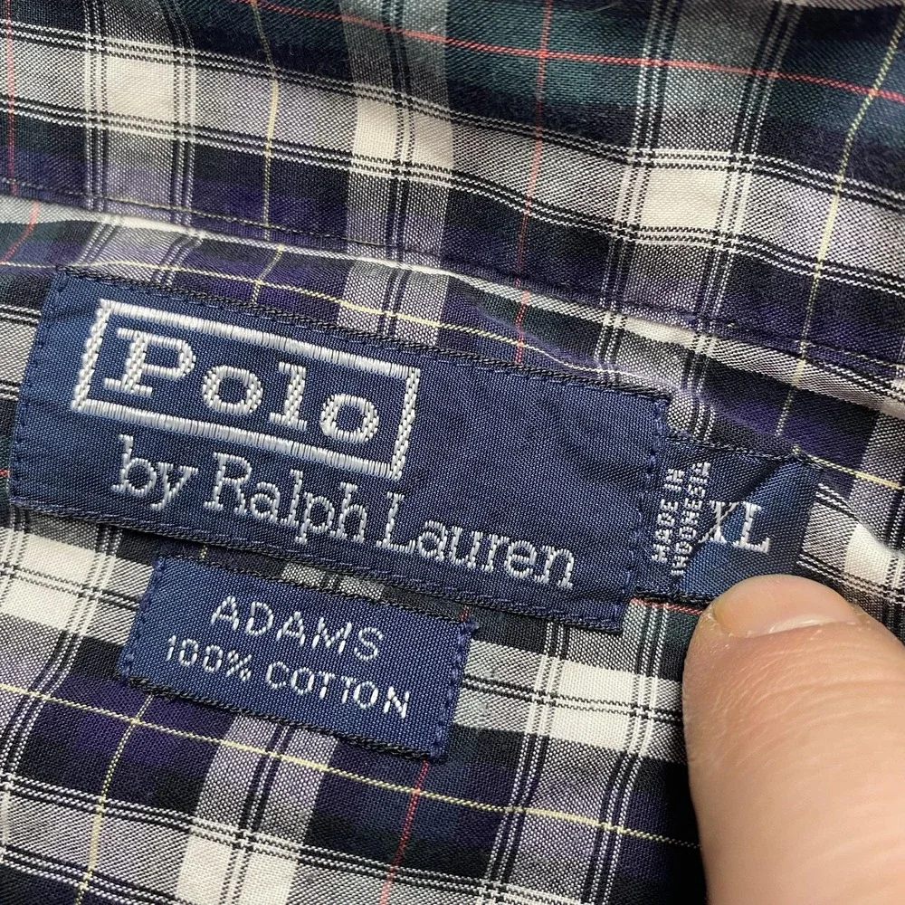 VTG Polo Ralph Lauren Shirt Mens XL‎ Blue Plaid Adams Short Sleeve Pony Logo 90s